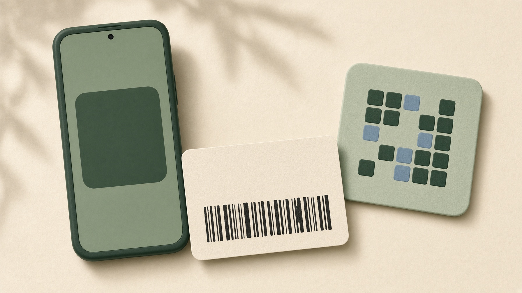 Sample still life of a phone, a shipping label, and a decorative code tile. Not a real identifier.